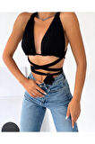 Kadın Siyah Bel Bağlamalı Sandy Croptop Büstiyer