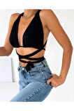 Kadın Siyah Bel Bağlamalı Sandy Croptop Büstiyer