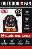 Taşınabilir LED Fenerli Kamp Vantilatörü, Şarj Edilebilir Çadır Vantilatörü X3