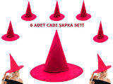 Pembe Fuşya Renk Keçe Cadı Şapkası Yetişkin Uyumlu 6 Adet