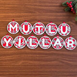 Buffer® 11 Harfli Kırmızı Beyaz İpli Mutlu Yillar Yazılı Ahşap Yılbaşı Ağaç Süsü