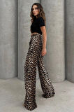 Lesa Wear Leopar Desenli Yumuşacık Yüksel Bel Geniş Paça Likralı Jarse Pantolon Flared