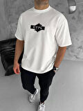 Unisex Bisiklet Yaka Baskılı Double Oversize T-Shirt - Beyaz