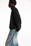 Oversize Yarım Farmuarlı Yakalı Basic SweatShirt - Siyah