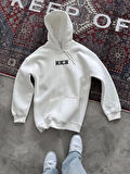 Uzun Kol Kapşonlu Göğüs Baskılı SweatShirt - Beyaz