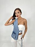 6838 ASYMMETRIC DENIM VEST-MAVİ