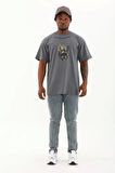 Unisex Oversize Baskılı Bisiklet Yaka T-Shirt - Füme