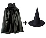 Siyah Yakalı Pelerin Ve Siyah Cadı Şapkası Seti Çocuk Boy