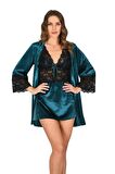 Sistina Kadın Petrol Yeşili Kadife Sabahlık Gecelik Takım 1443
