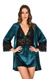 Sistina Kadın Petrol Yeşili Kadife Sabahlık Gecelik Takım 1443