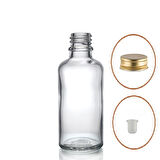 30ml şeffaf şişe sarı metal düz kapaklı, 24 adet, cam şişe, esans şişesi, yağ şişesi, kozmetik şişesi