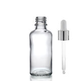 50ml şeffaf cam damlalıklı, 24 adet, Gümüş Kapak Beyaz Emzik, Ecza şişesi, Damlalıklı şişe, propolis şişesi, damlatmalı şişe, saç serum şişesi, ecza şişesi