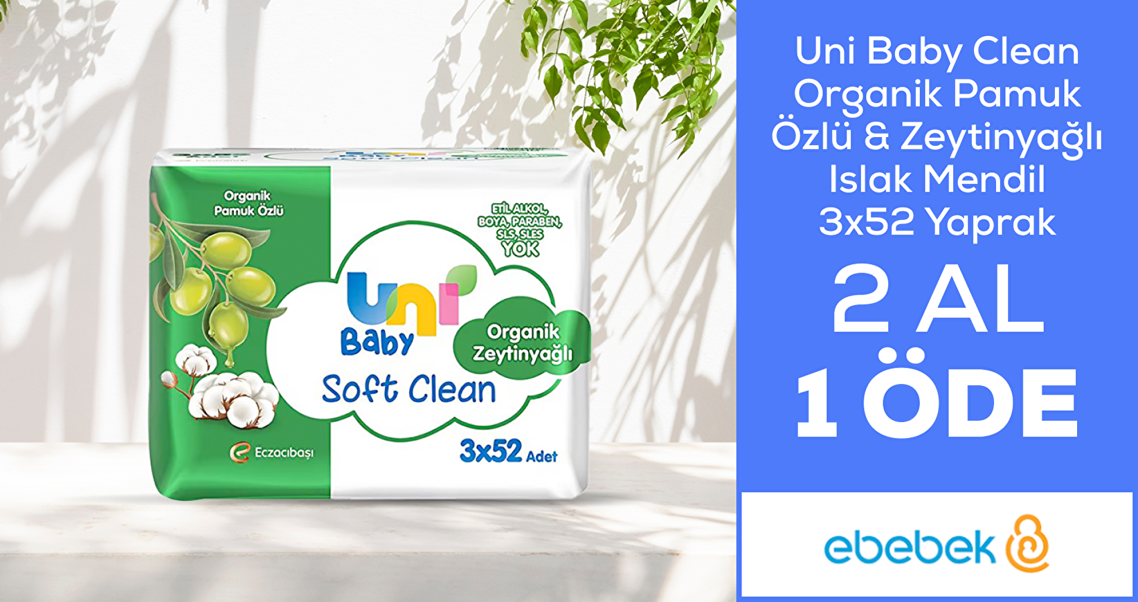 Uni Baby Clean Organik Pamuk Özlü & Zeytinyağlı Islak Mendil 3x52 Yaprak  2 AL 1 ÖDE