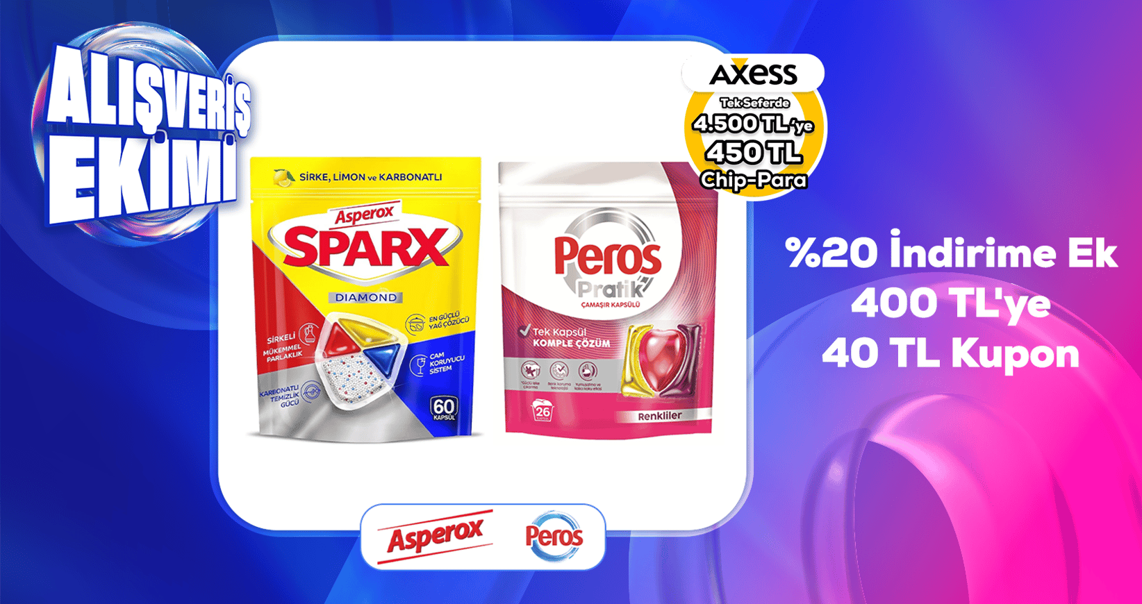 Asperox ve Peros %20 indirime ek 400 TL'ye 40 TL kupon
