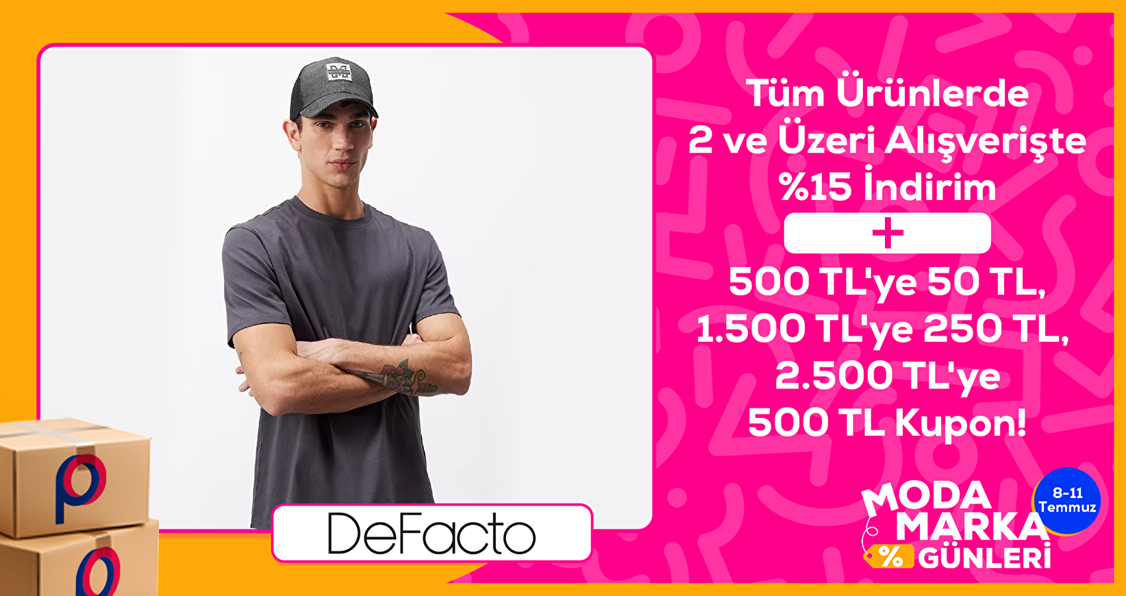 Defacto 2 ve üzeri alışverişte %15 indirim, 500 TL'ye 50 TL 1500 TL'ye 250 TL 2500 TL'ye 500 TL kupon