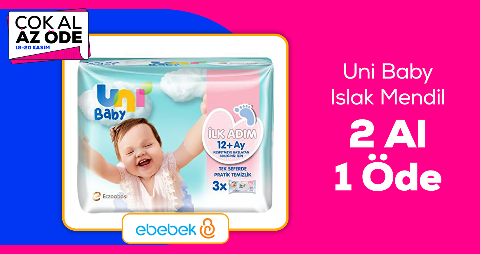 Uni Baby İlk Adım 3 x 52 Islak Mendil 2 al 1 öde