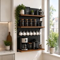 Decorelax Metal Delikli Pano Kahve Köşesi Duvar Rafı 3 Katlı Ahşap Raflı Fincan Askılı Düzenleyici (50x70 cm - Bambu Desen Raflı)