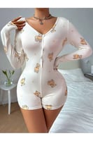 Ayıcık Desen Uzun Kollu Düğmeli Şort Tulum Pijama