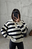 Lacivert - Çizgili Düğmeli Kazak