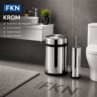 FKN Krom Banyo Çöp Kovası ve Klozet Fırçası Seti Paslanmaz Çelik 8 Litre
