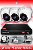 BAYICAM 3 Kameralı Dome 3 İç Kamera Set 250 GB HDD Full HD Gece Görüşlü Güvenlik Kamerası Sistemi