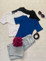 Wearflawless Kadın 3 Lü Adet Fitilli Pamuklu Bisiklet Yaka Örme Kaşkorse Crop T-shirt