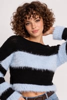 Kadın Premium Sakallı İplik Detaylı Çizgili Crop Triko Kazak