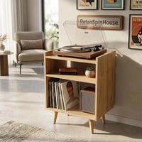 Vinil Plak Saklamalı Pikap Standı, Mid Century Pikap Masası, 45-50 Plak Kapasiteli Lp Dolabı, Pleksiglass Bölmeler, Masif Ahşap Ayaklar