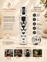 Aura Copper Bakır Matara Suluk 600 ml Gümüş Pramit Desen Kalay Kaplamalı