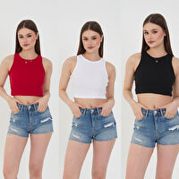 Wearflawless Kadın 3 lü Adet Fitilli PAMUKLU Örme Kaşkorse Crop Bluz ATlet