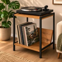 Orta Yüzyıl Modern Plak Çalar Standı Metal Gövdeli Eğimli Raflı Pikap Masası LP Dergilik 60*46*30 cm