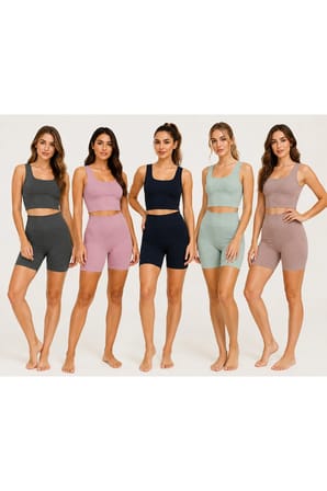 Kadın Fitilli Kalın Askılı Crop Büstiyer ve Yüksek Bel Kısa Tayt İkili Spor Takım