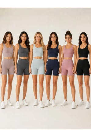 Kadın Kalın Askılı Crop Büstiyer ve Yan Detaylı Yüksek Bel Kısa Tayt İkili Spor Takım