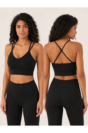 Kadın V Yaka Çift Askılı Sırtı Çapraz Spor Büstiyer Crop Top