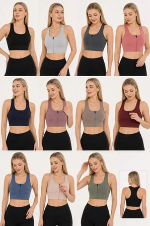 Kadın Fermuarlı Sporcu Büstiyer Sırtı Çapraz Destekli Fitness Yoga Pilates Crop Top