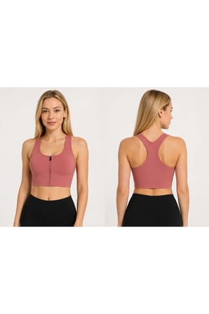 Kadın Fermuarlı Sporcu Büstiyer Sırtı Çapraz Destekli Fitness Yoga Pilates Crop Top