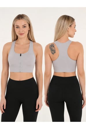 Kadın Fermuarlı Sporcu Büstiyer Sırtı Çapraz Destekli Fitness Yoga Pilates Crop Top