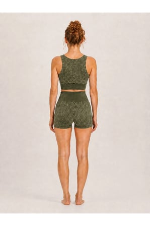 Kadın Yıkamalı Kalın Askılı Crop Büstiyer ve Yüksek Bel Kısa Tayt İkili Spor Takım