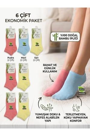 6 Çİft Kadın Bambu Patik Çorap Karışık Renkler – Yumuşak ve Konforlu. Renkler Stok durumuna göre değişiklik göstebilir
