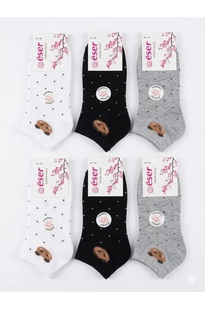 6 Çift Kadın Pamuklu Patik Çorap Kedicik Desenli Siyah Beyaz Gri