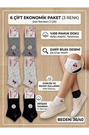6 Çift Kadın Pamuklu Patik Çorap Kiraz Desenli Siyah Beyaz Gri