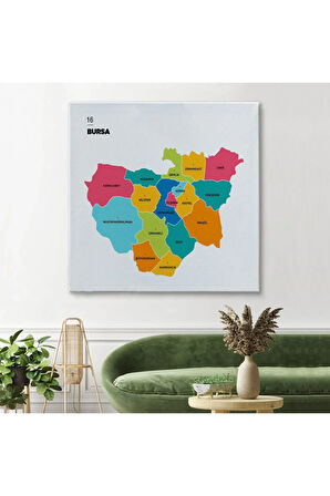 Bursa  İli Ve İlçeler Haritası  Dekoratif Kanvas Tablo 1306
