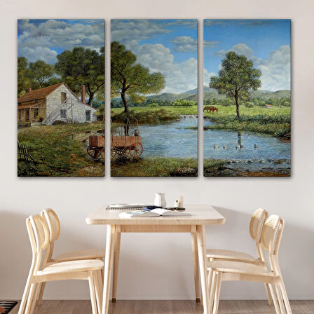 Köy Ve Akarsu Manzaralı Dekoratif Kanvas Duvar Tablosu-3425