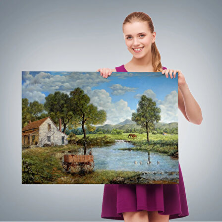 Köy Ve Akarsu Manzaralı Dekoratif Kanvas Duvar Tablosu-3425