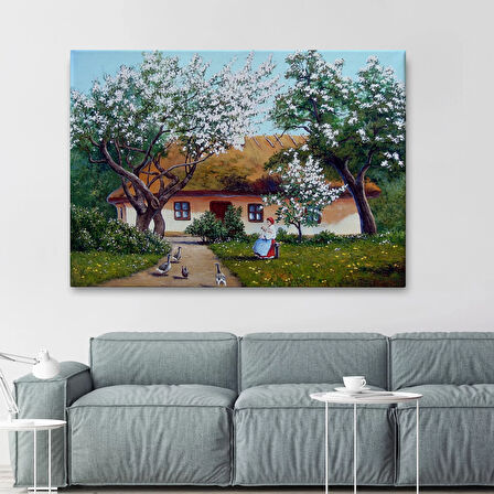 İlkbahar Köy Evi Yağlıboya Görünüm Dekoratif Kanvas Duvar Tablosu-3514