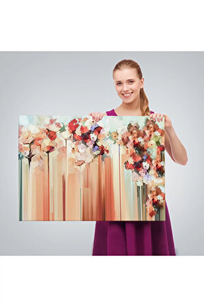 Soyut Çiçekler Yağlıboya Görünüm Dekoratif Kanvas Duvar Tablosu-3540