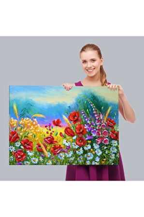 Renkli Çiçekler Yağlıboya Görünüm Dekoratif Kanvas Duvar Tablosu-3749