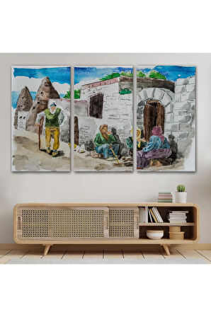 Kapadokya Göremede Bir Köy Suluboya Görünüm Dekoratif Tablo-3756