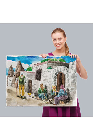 Kapadokya Göremede Bir Köy Suluboya Görünüm Dekoratif Tablo-3756