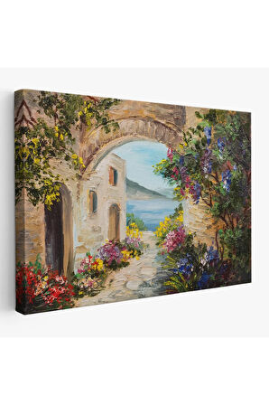Deniz Yakınında Ev, Renkli Çiçekler, Deniz Manzaralı Kanvas Duvar Tablosu-1111